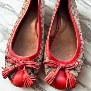 Coach Logo Leather Trimmed Ballet Flats-Brown and Tangerine